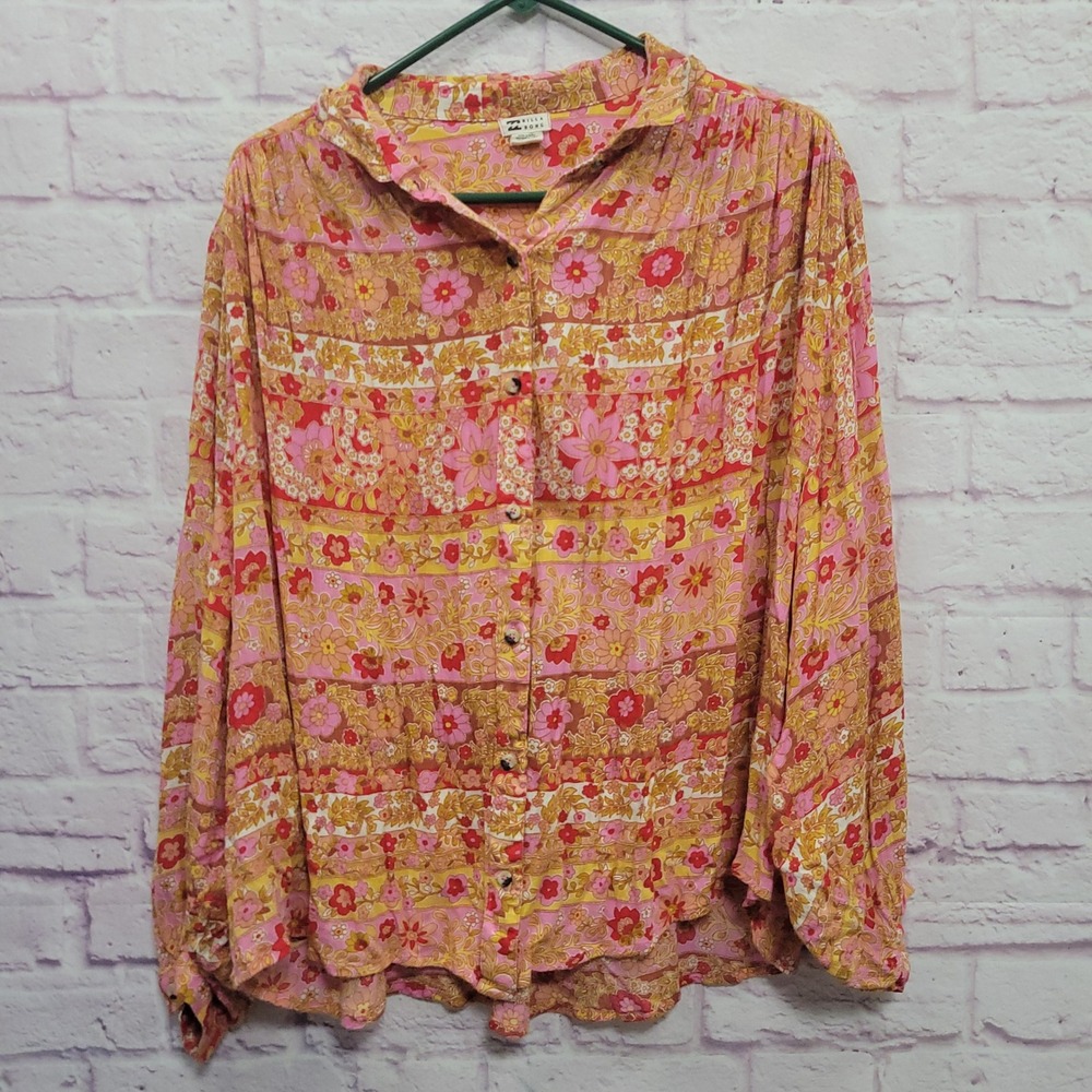Billabong Boho Floral Button Down Blouse M Balloon Sleeve Retro 70s Cottagecore